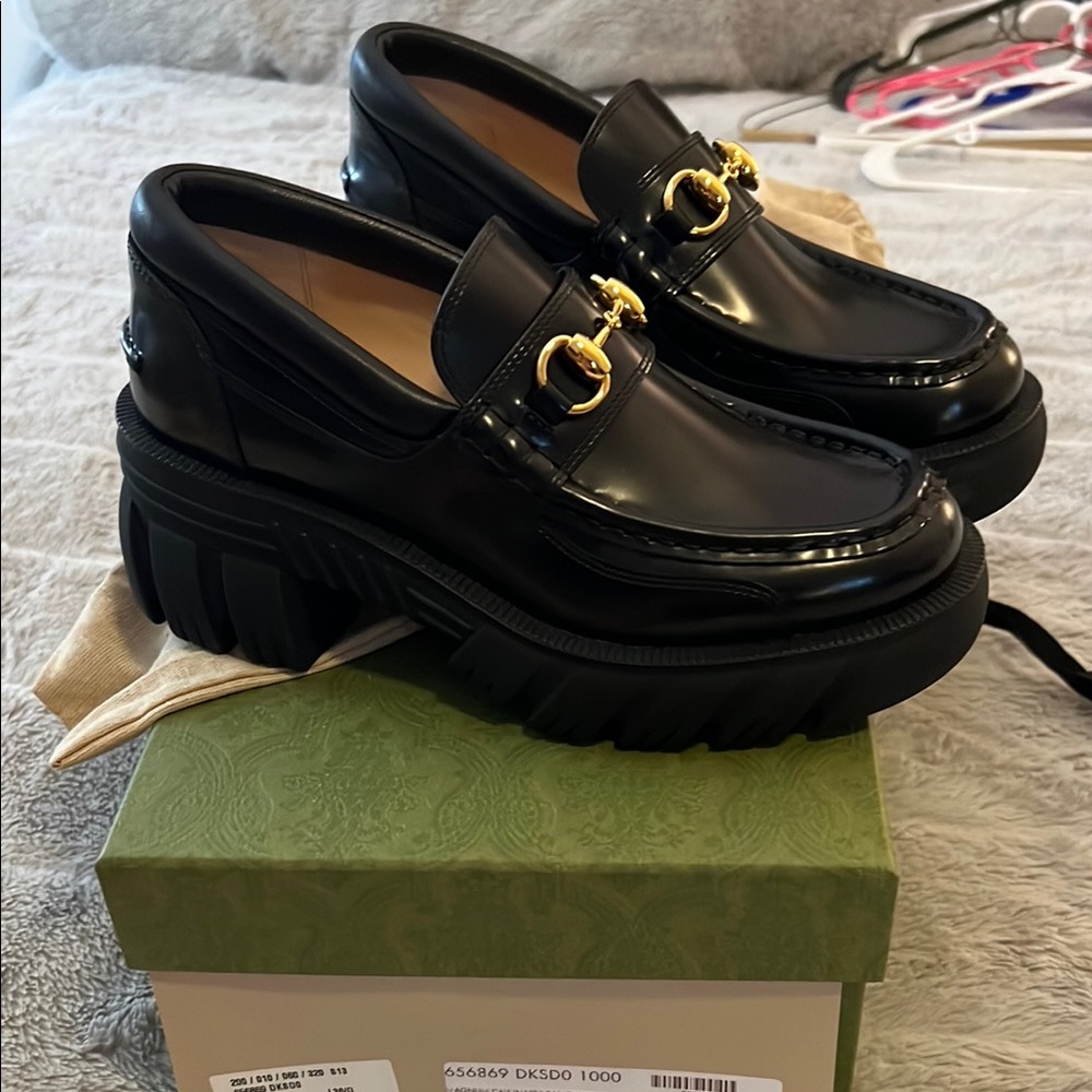 Gucci Black Loafers with Gold Buckle